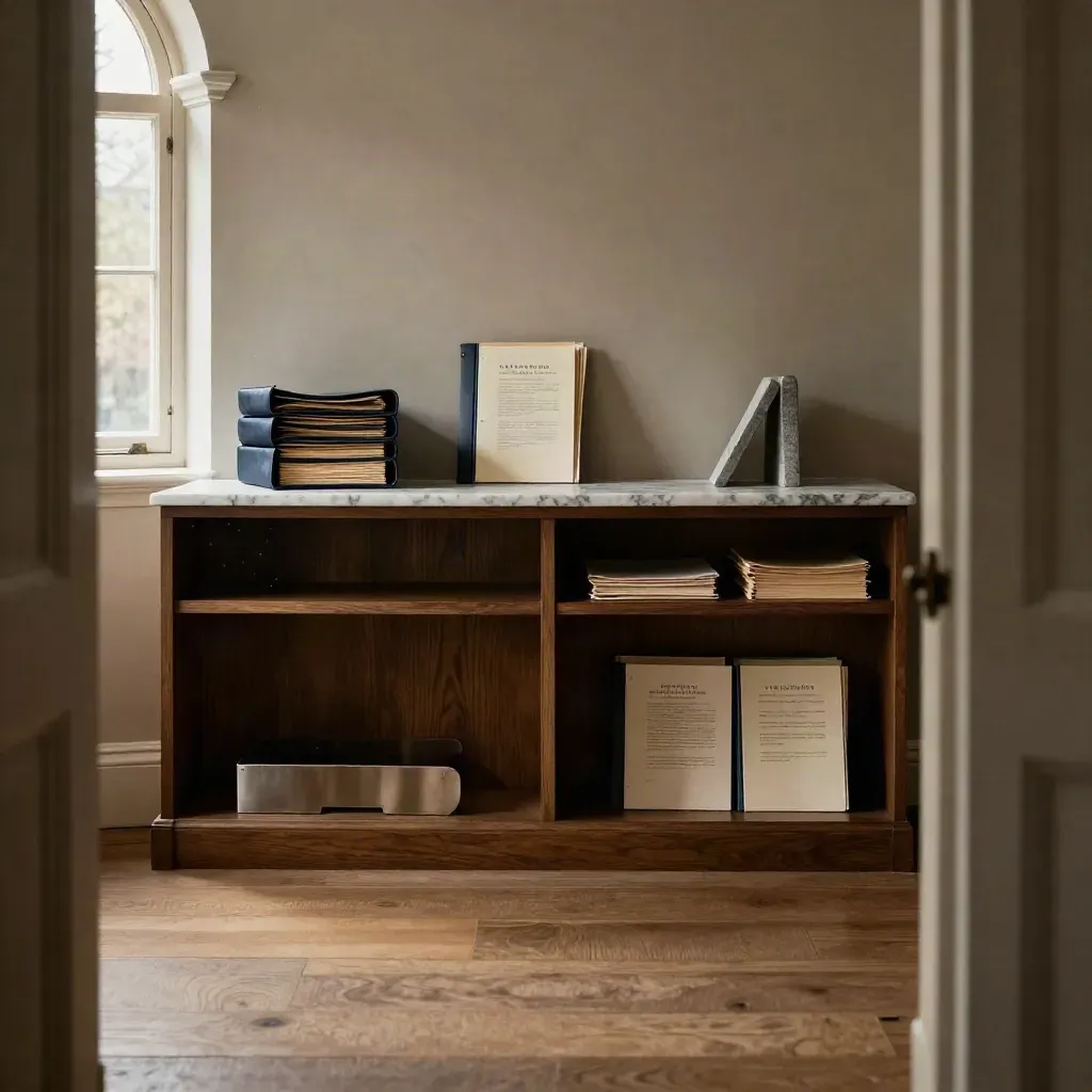 London townhouse study with marble console, oak shelves and soft window light