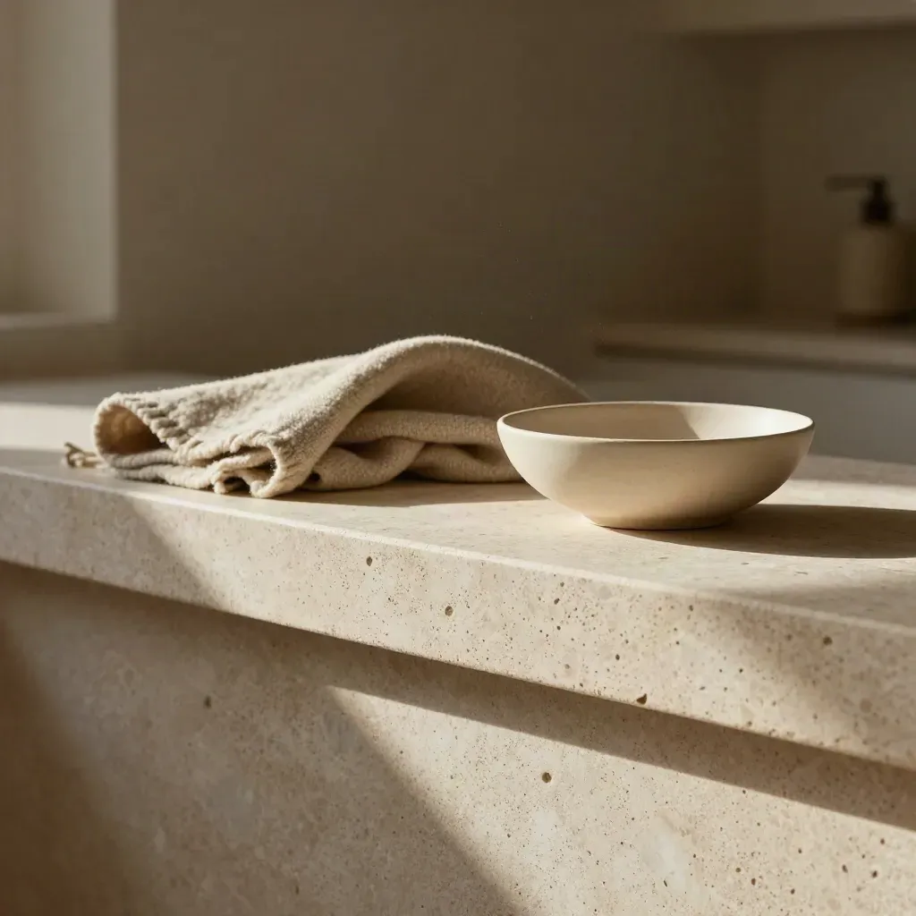 Travertine ledge with wool throw and ceramic bowl in warm soft light