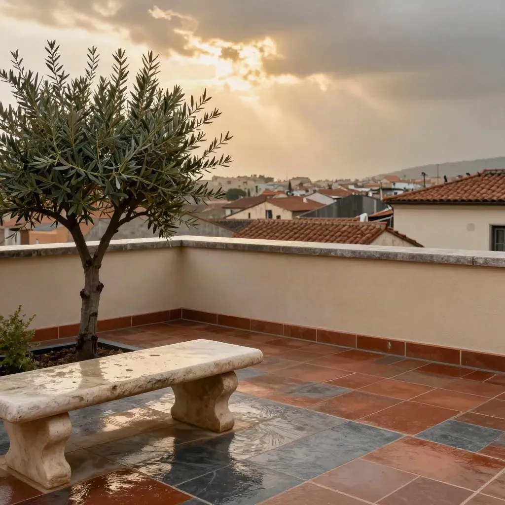Rooftop terrace with stone bench, olive tree and glowing city roofs after rain