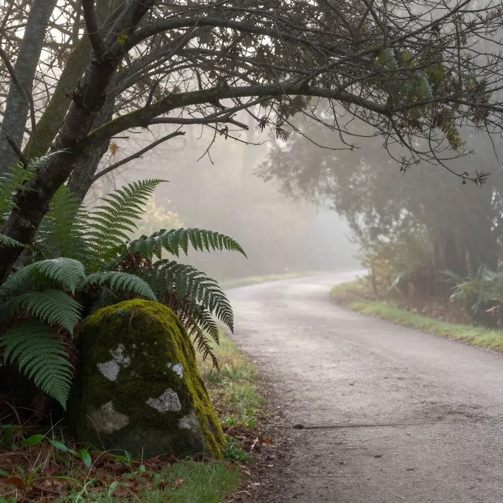 Misty woodland clearing with ferns, mossy stone, and a soft path at dawn.