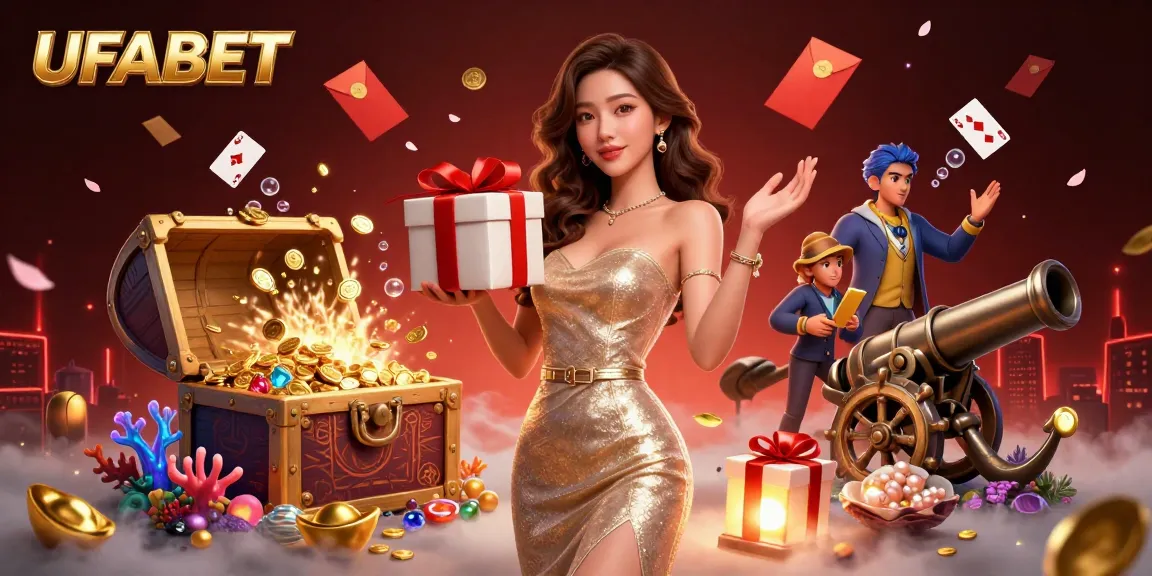 Experience thrilling wins at UFABET with a festive casino atmosphere featuring vibrant characters and game elements.