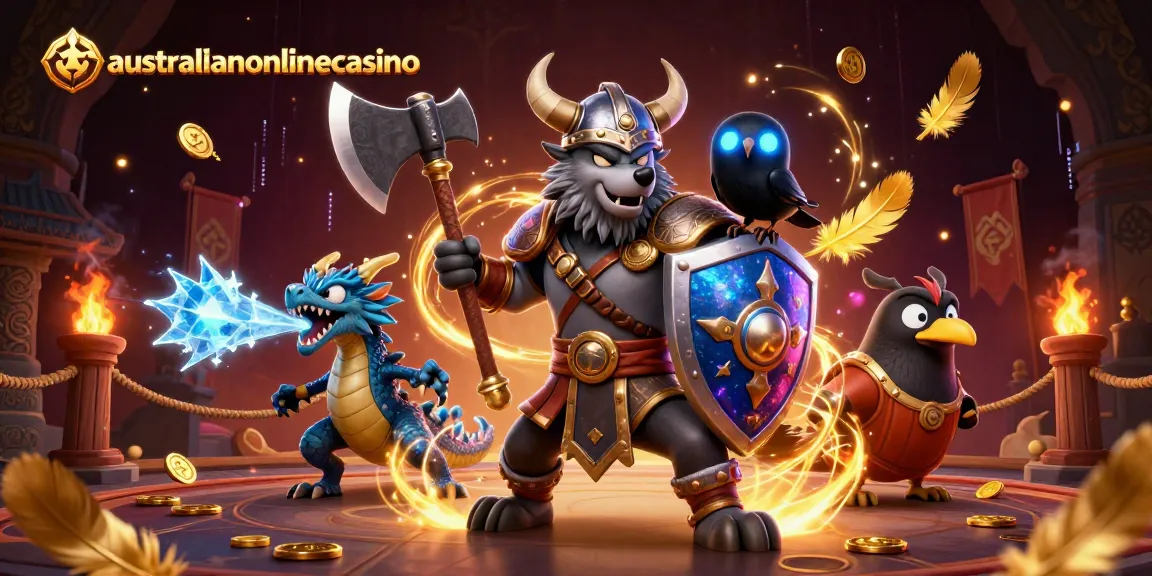 Engaging scene depicting a Viking wolf warrior at the australianonlinecasino, surrounded by an ice-breathing dragon and a glowing raven.