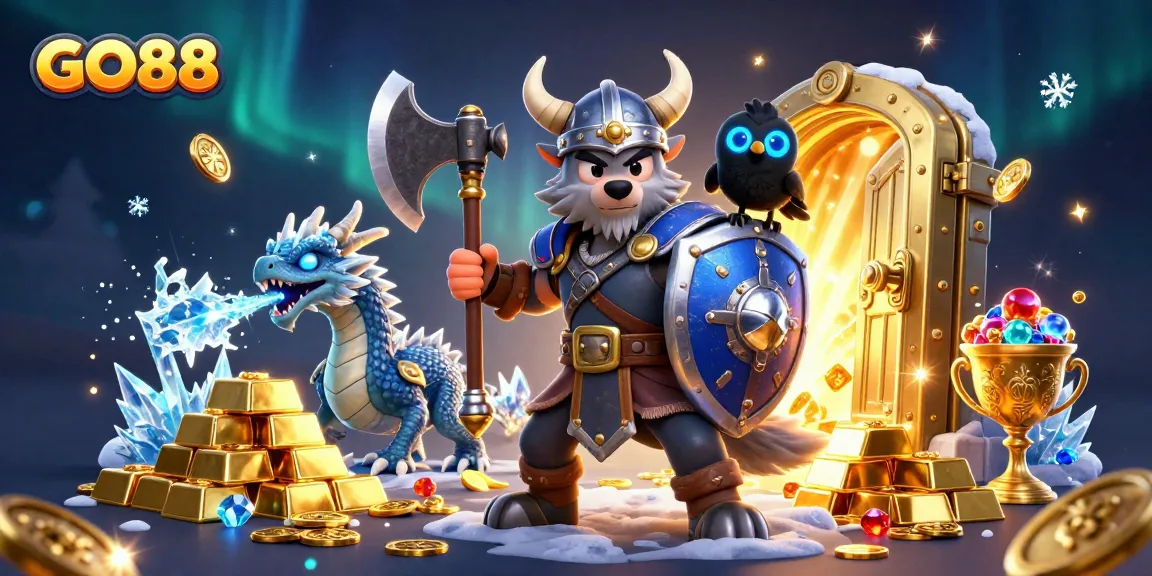 GO88 players embark on a thrilling adventure with warriors and dragons amid a treasure-filled scene.