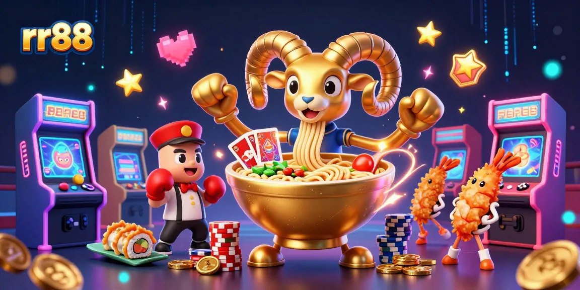 Engage with rr88's vibrant casino scene featuring a golden ramen bowl dealer amidst game machines.