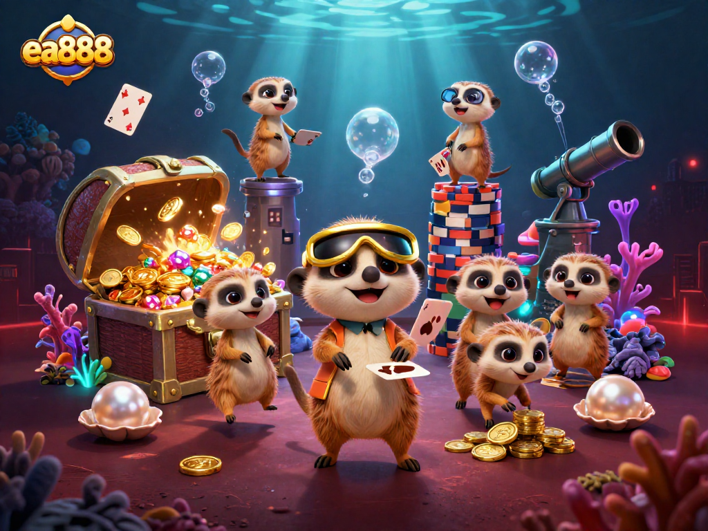 Engage in vibrant, animated casino fun at ea888 with playful meerkats amidst riches and games.