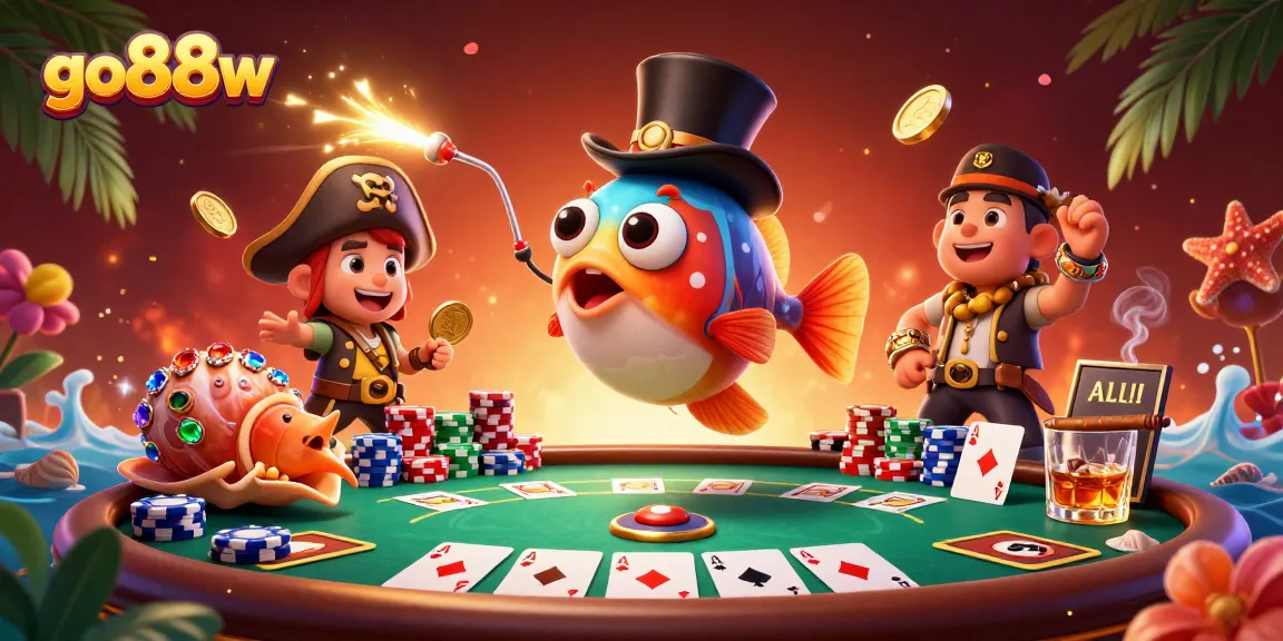 Engaging go88w scene with an anglerfish and pirate shrimp amidst poker elements and golden coins.