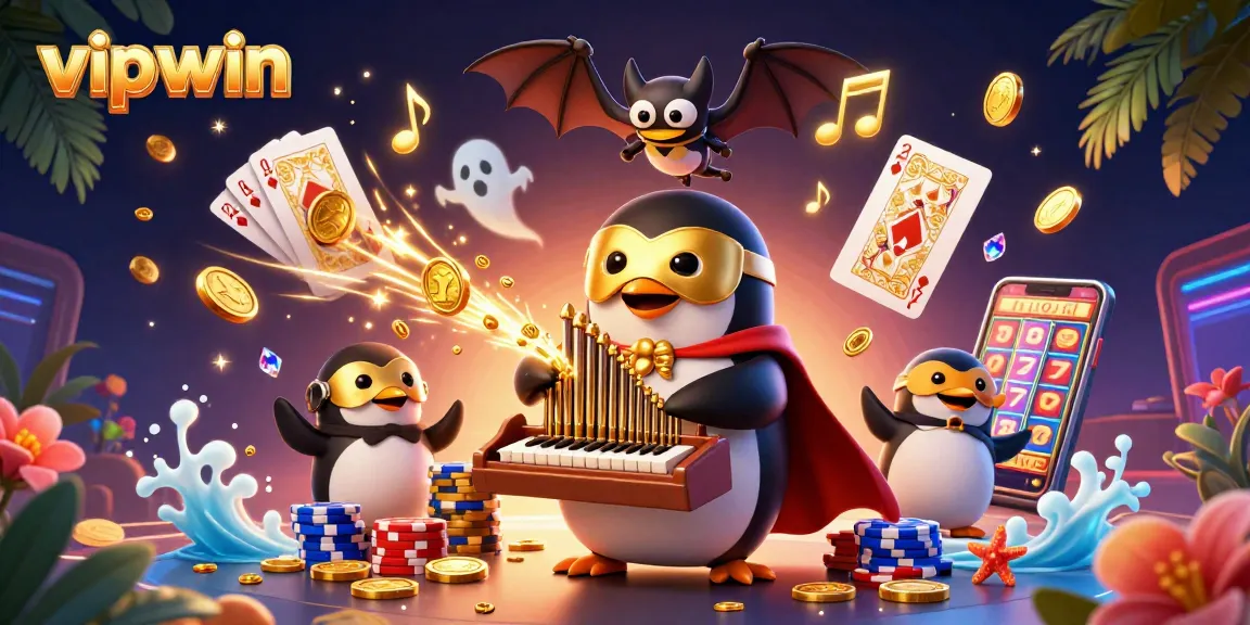 Experience excitement with vipwin as a penguin plays an organ shooting golden coins amidst vibrant casino elements.
