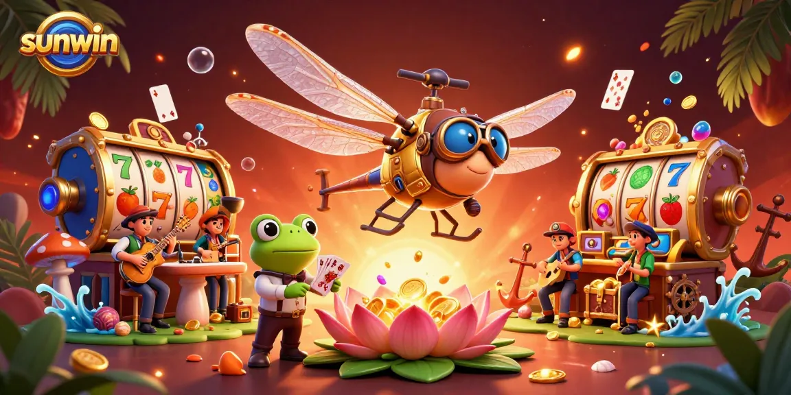 Win big with sunwin at a lively casino scene featuring a dragonfly pilot and frog croupier.