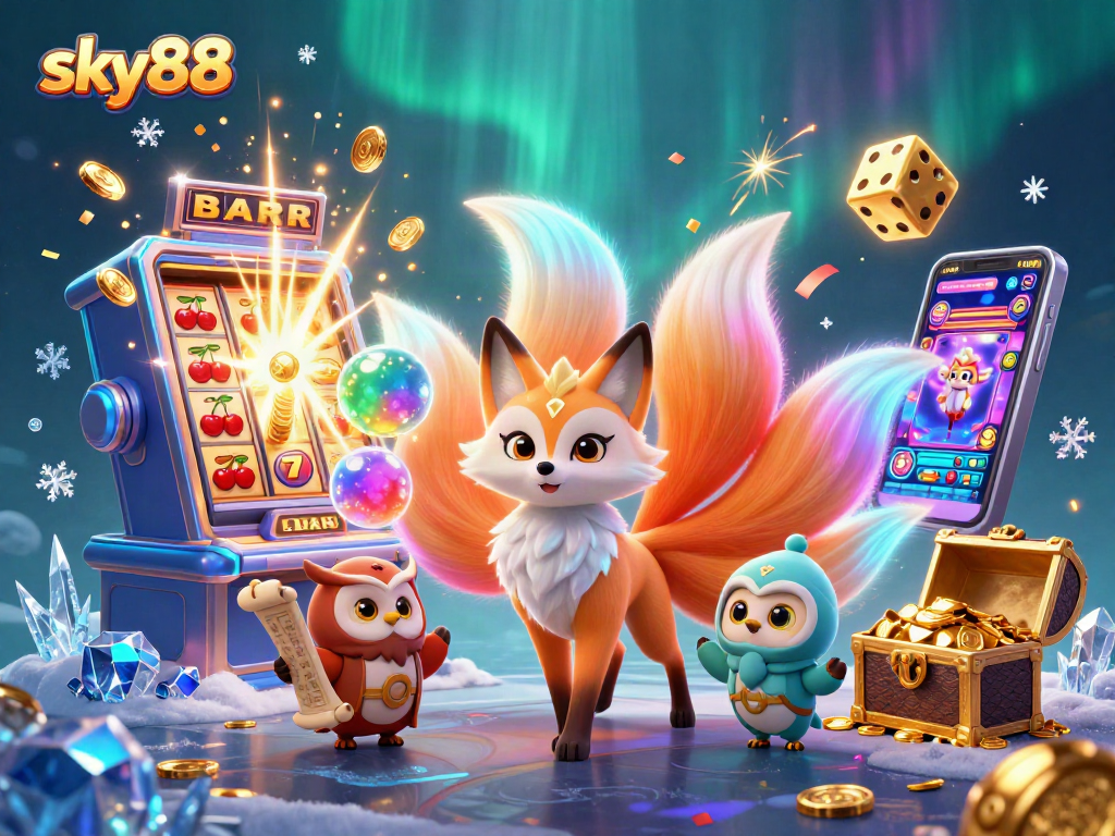 Experience the thrill of casino gaming with sky88's vibrant 3D illustration showcasing luck and adventure.
