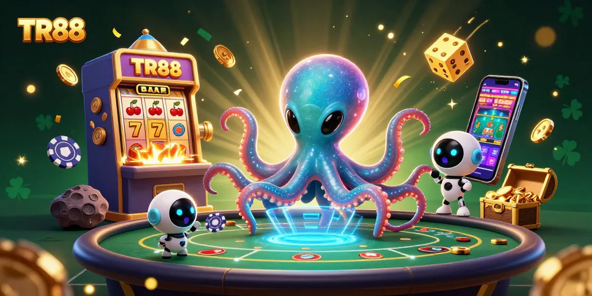 Experience thrilling wins at TR88 with a vibrant 3D casino scene of an alien octopus and jackpot effects.