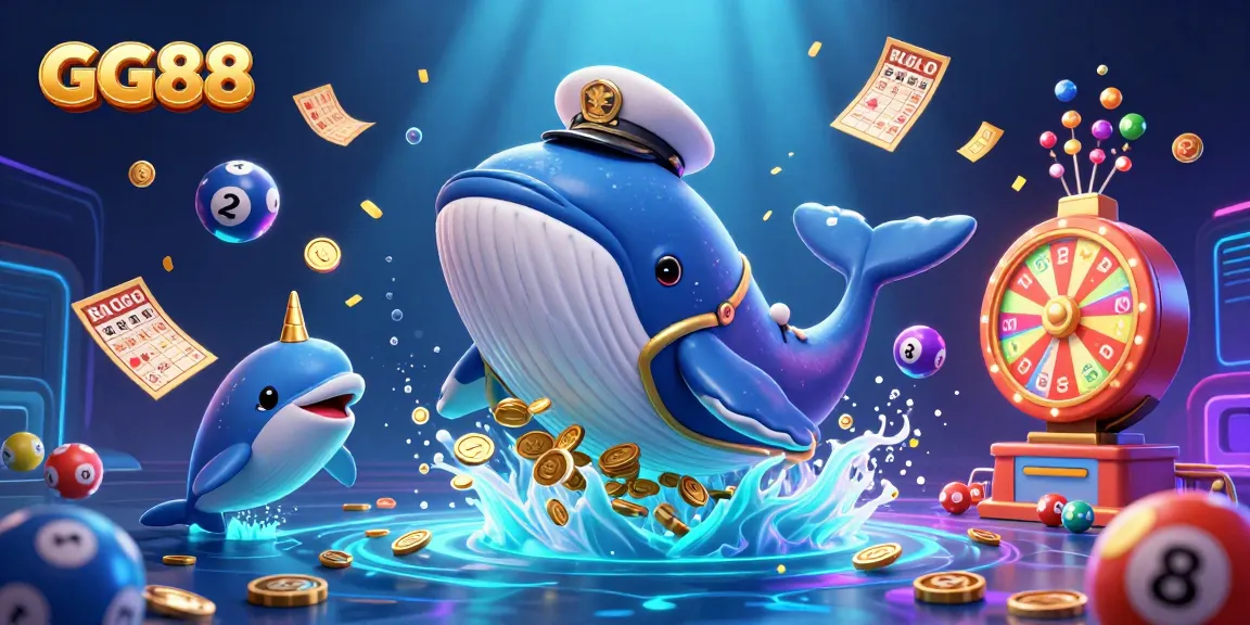 Engage in exciting gaming adventures with GG88's colorful casino-themed illustration of whales, narwhals, and poker chips.