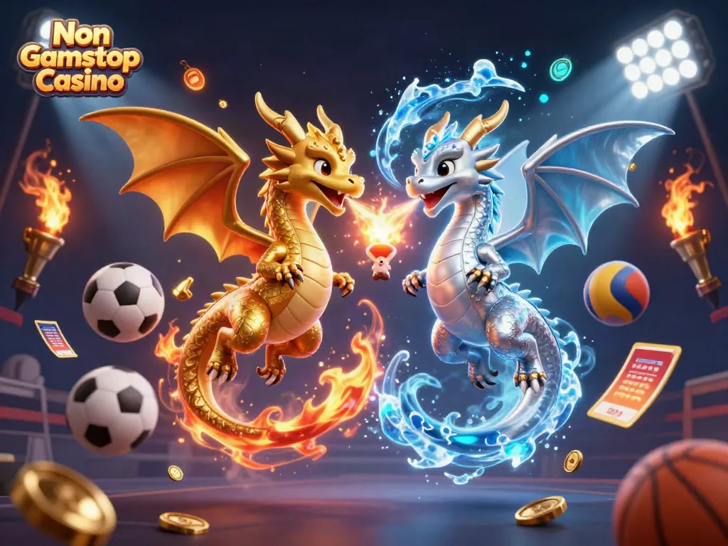 Experience the thrill of Non Gamstop Casino with dynamic dragons and vibrant gaming elements.