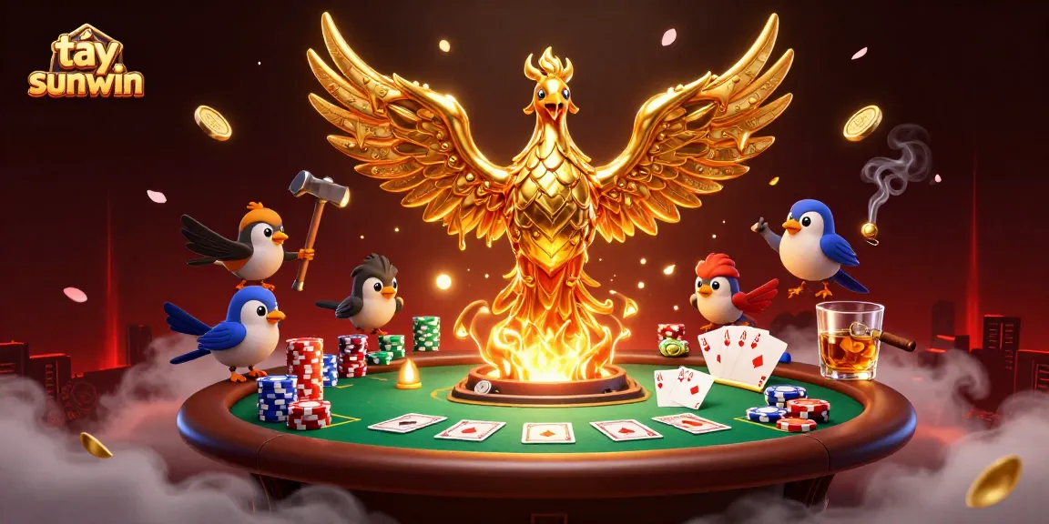Tải sunwin players experiencing thrilling poker action with golden phoenix and vibrant atmosphere.