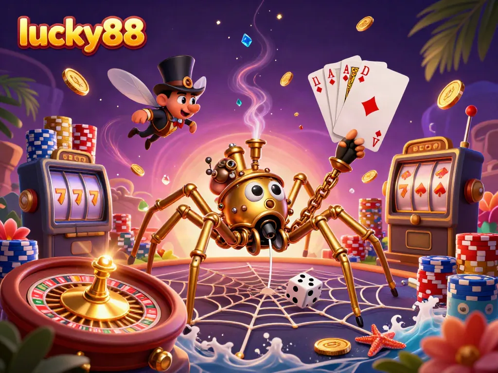 Experience gaming excitement with lucky88 in a vibrant, dynamic casino scene featuring colorful characters and elements.