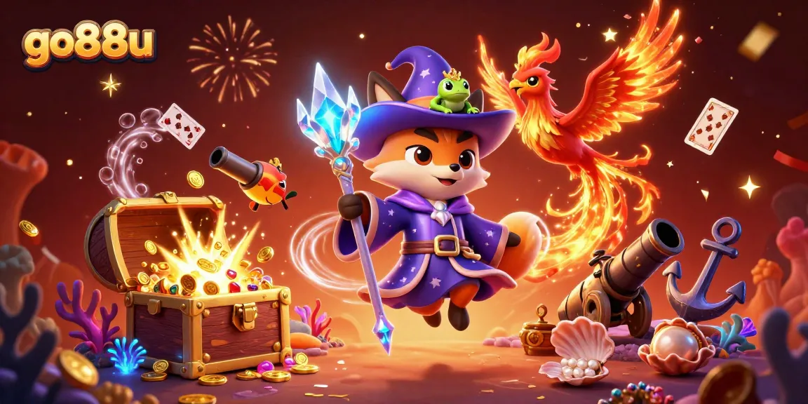 Experience the magic of go88u as the wizard fox and phoenix soar amidst gold treasures and casino elements.