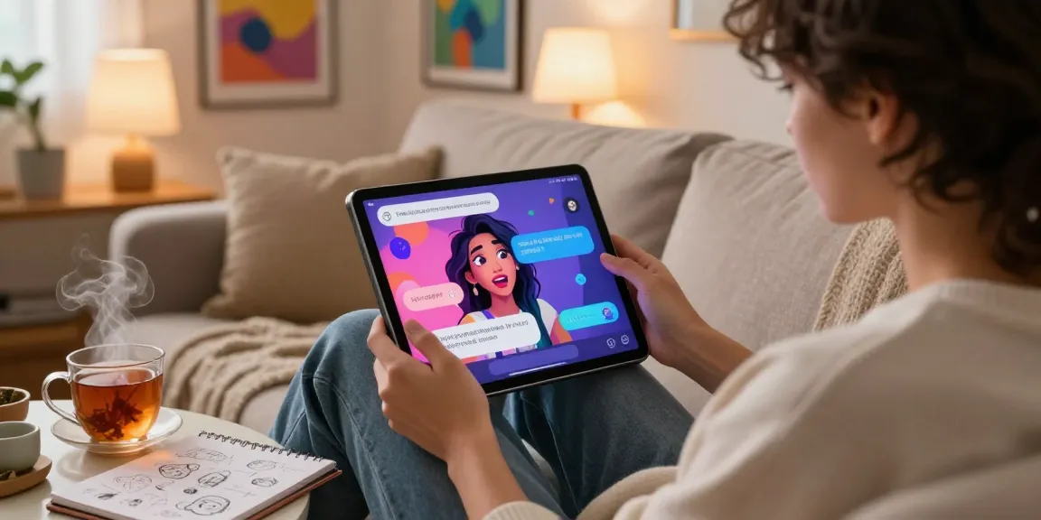 Engaging user enjoying AI NSFW chat on tablet, vibrant character interface, cozy home atmosphere.