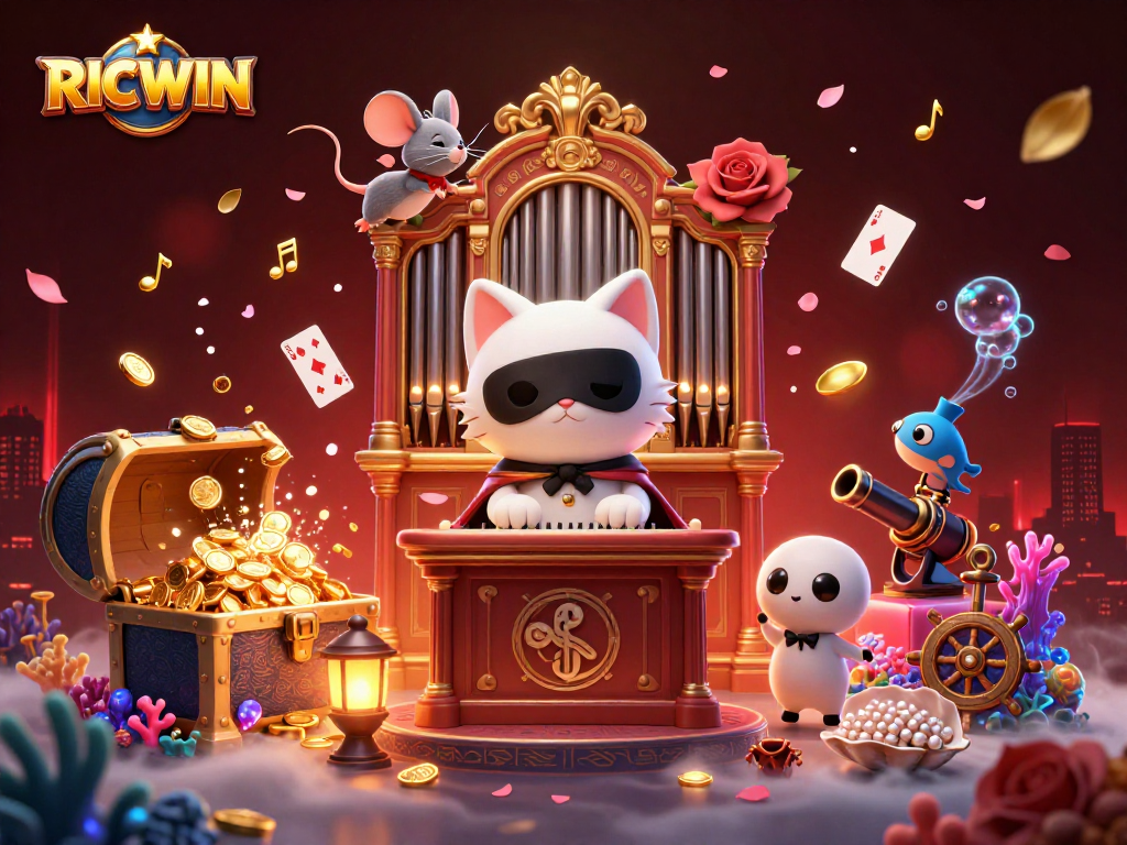Engage with RICWIN in this vibrant 3D casino illustration showcasing whimsical characters and thrilling game elements.
