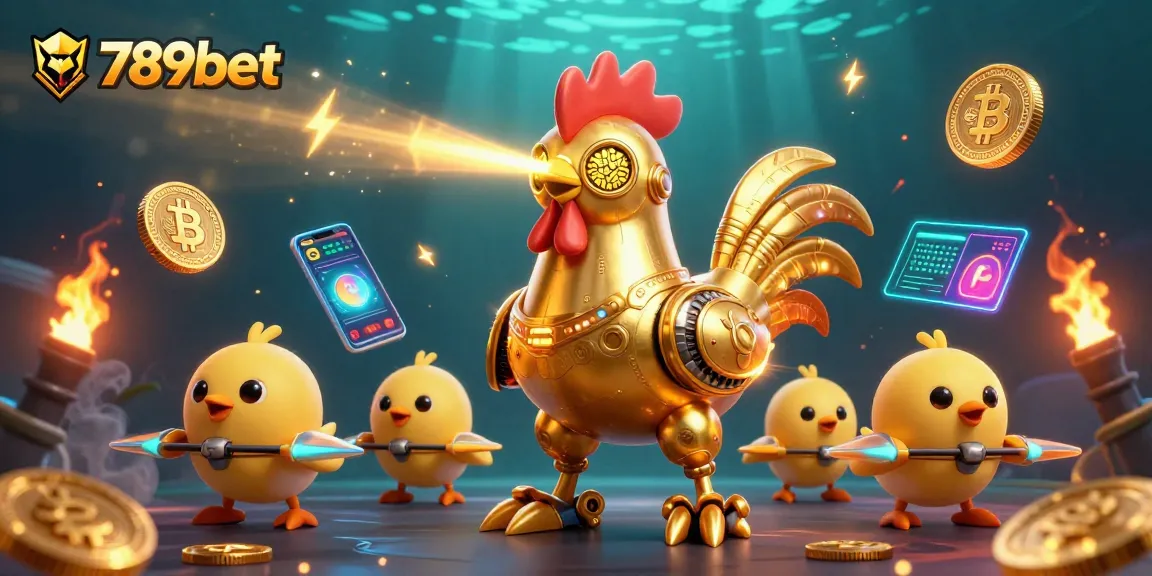 789bet offers exciting gameplay with a vibrant scene of a golden rooster robot and crypto elements.