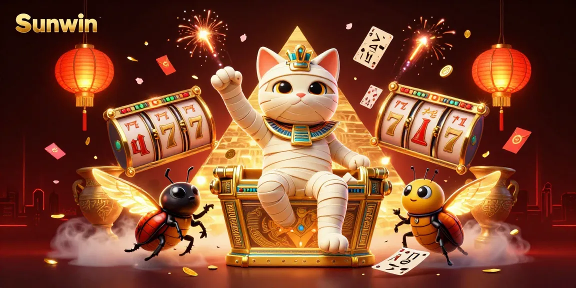 Sunwin transforms gameplay with a vibrant Egyptian mummy cat and floating hieroglyphs in a lively casino scene.