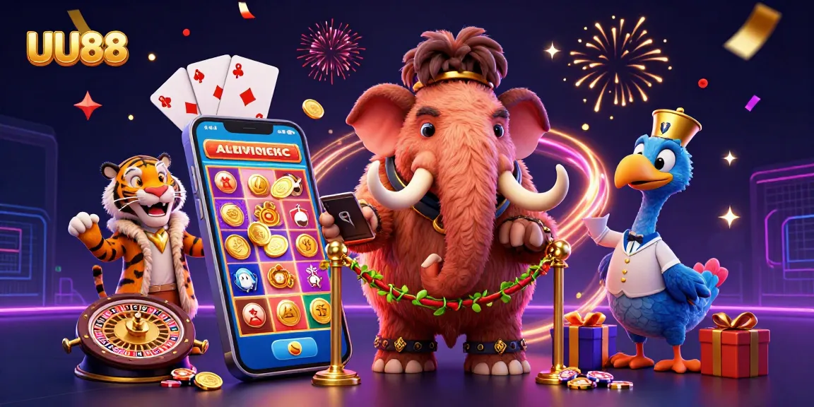 Experience UU88’s vibrant online casino atmosphere with cartoon characters welcoming you to the gaming scene.