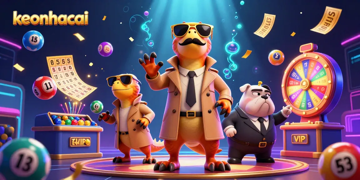 Engage with keonhacai in a dynamic VIP casino scene filled with colorful lottery elements and energetic characters.