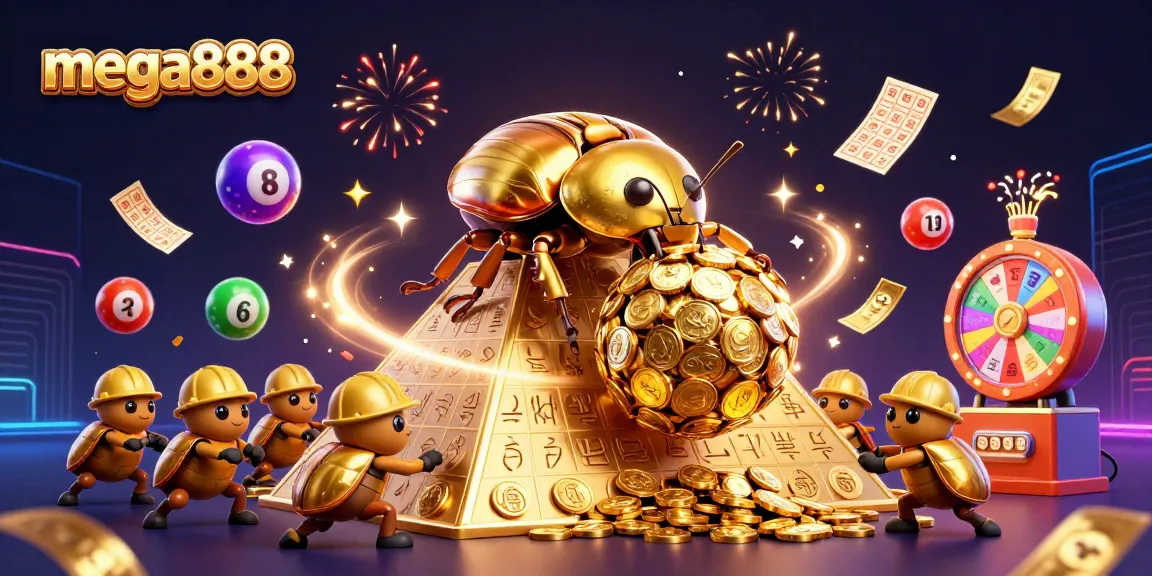Spin and win with mega888: Massive golden beetles celebrate a jackpot with colorful lottery balls.