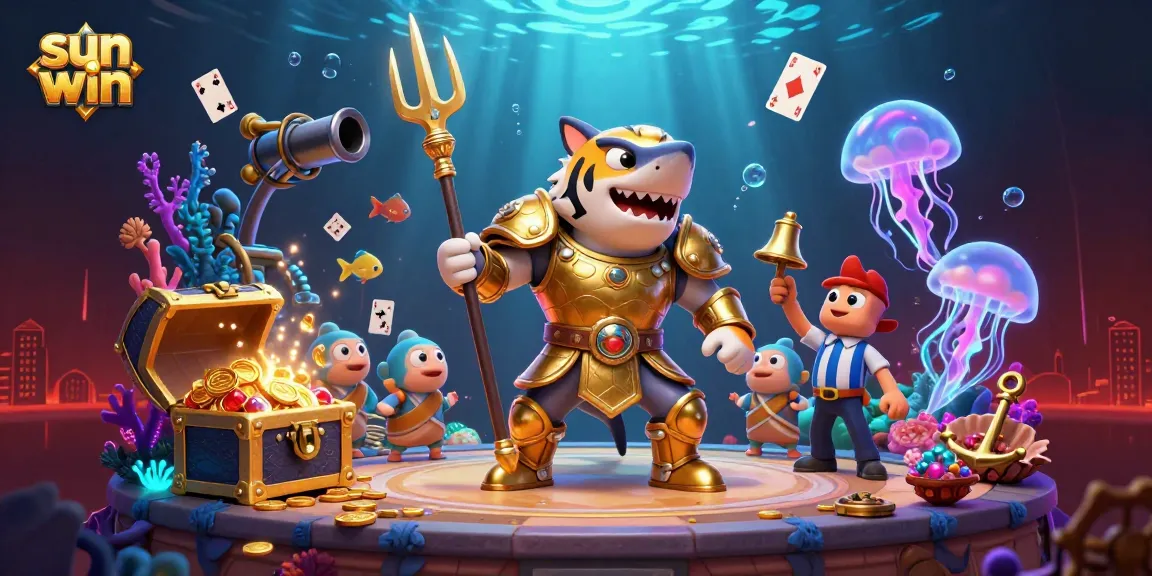 Engage with thrilling games at sun win, featuring a cartoon tiger shark in an action-packed underwater colosseum.