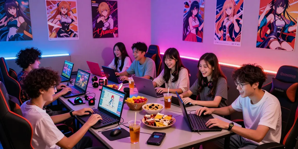 Friends enjoying hentai games together in a lively gaming lounge